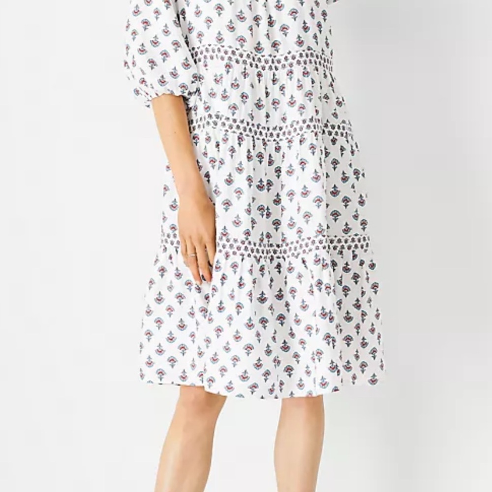 Ann Taylor Boho White Midi Dress with Bishop Sleeves w/ Pockets